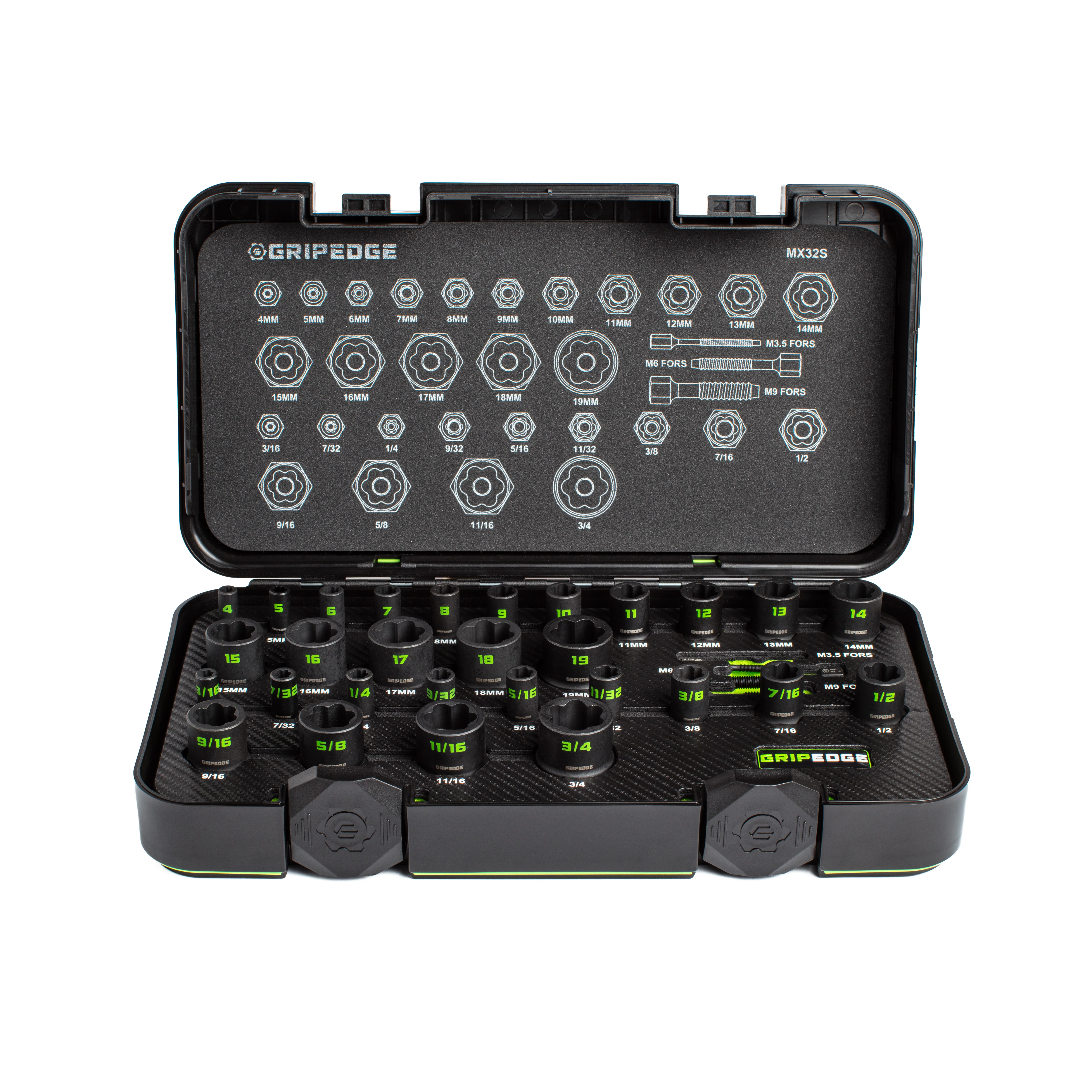 GripEdge | 32-PC 1/4" & 3/8" Drive Metric & SAE Master Socket Extractor Set